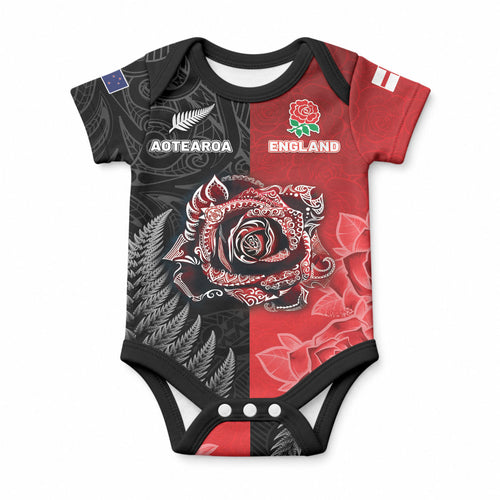New Zealand And England Rugby Custom Baby Onesie Red Rose Mix Maori Pattern