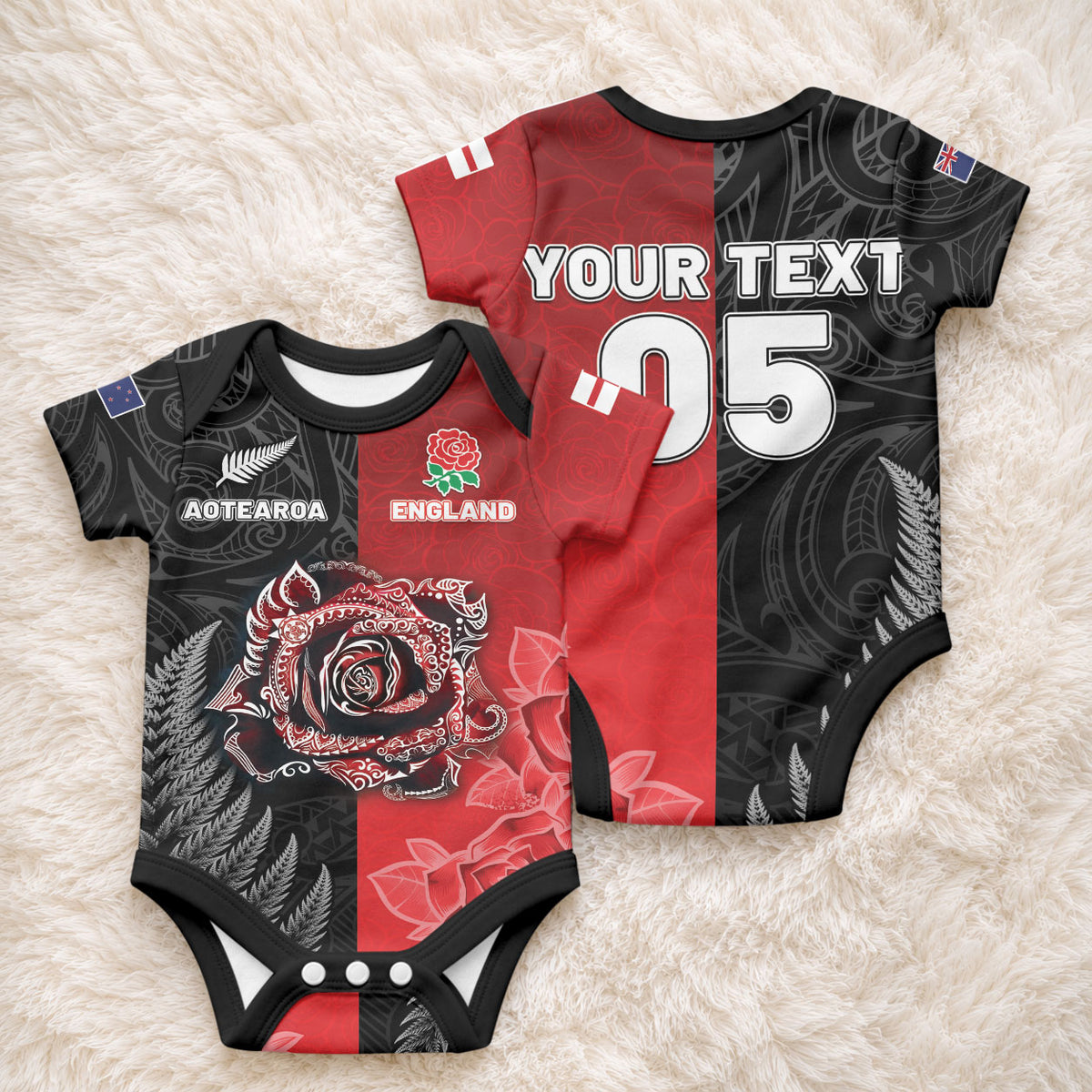New Zealand And England Rugby Custom Baby Onesie Red Rose Mix Maori Pattern