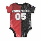 New Zealand And England Rugby Custom Baby Onesie Red Rose Mix Maori Pattern