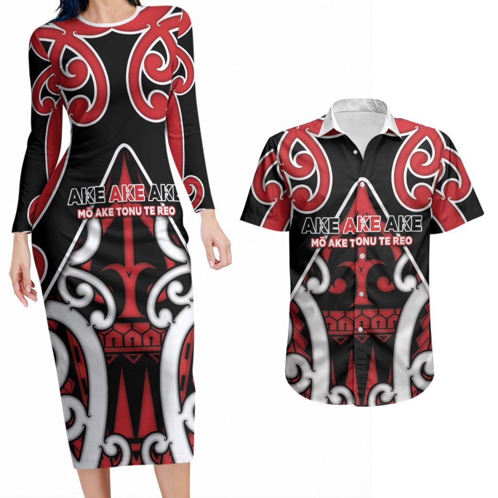 New Zealand Maori Language Week Couples Matching Long Sleeve Bodycon Dress and Hawaiian Shirt Mo Ake Tonu Te Reo