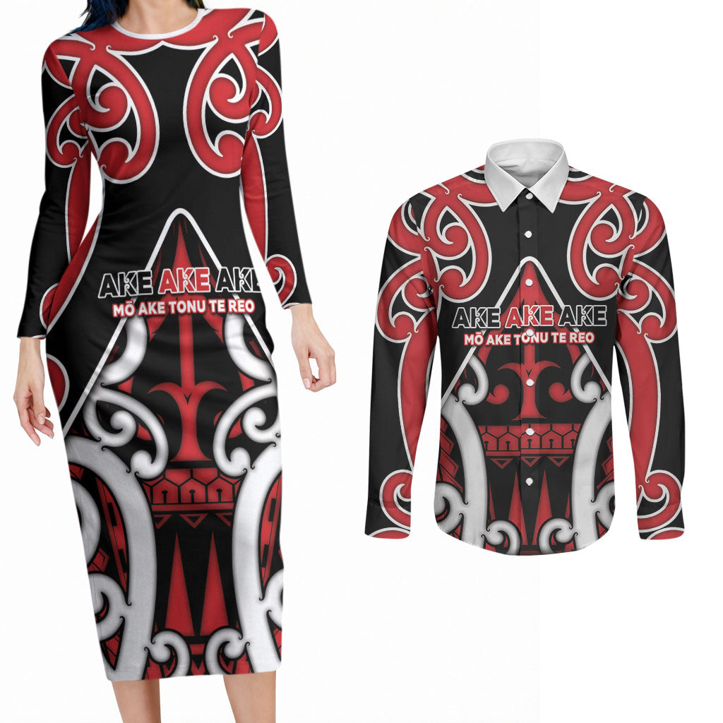New Zealand Maori Language Week Couples Matching Long Sleeve Bodycon Dress and Long Sleeve Button Shirt Mo Ake Tonu Te Reo