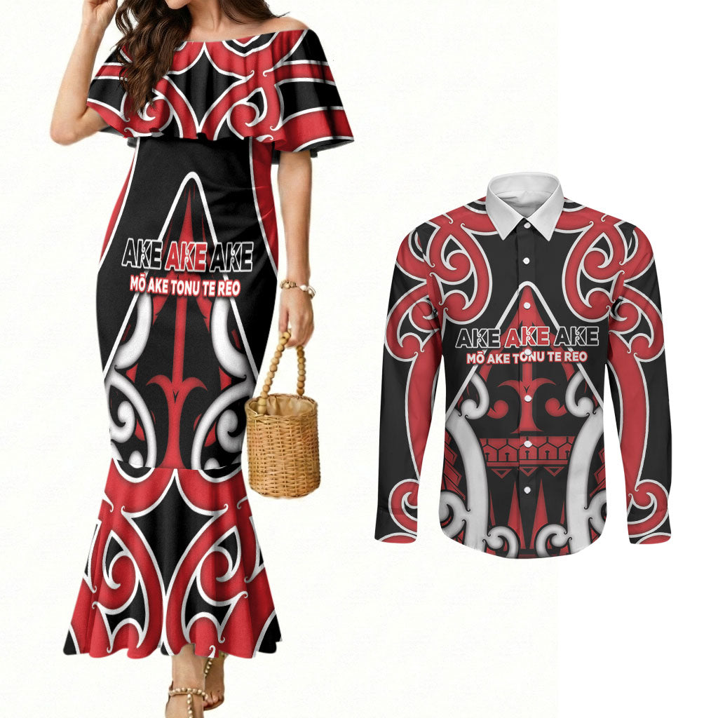 New Zealand Maori Language Week Couples Matching Mermaid Dress and Long Sleeve Button Shirt Mo Ake Tonu Te Reo
