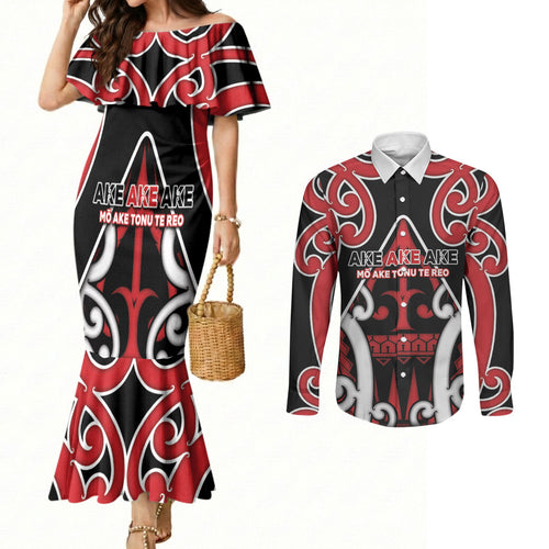 New Zealand Maori Language Week Couples Matching Mermaid Dress and Long Sleeve Button Shirt Mo Ake Tonu Te Reo
