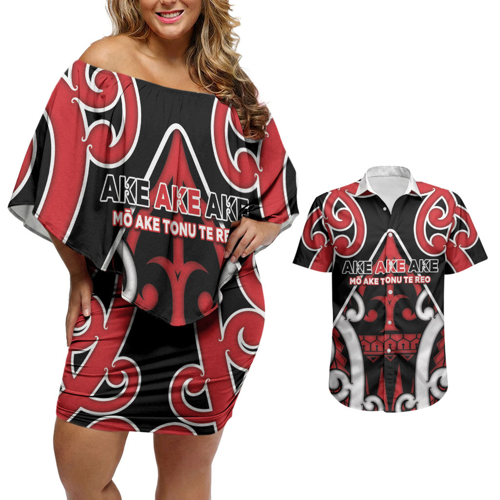 New Zealand Maori Language Week Couples Matching Off Shoulder Short Dress and Hawaiian Shirt Mo Ake Tonu Te Reo