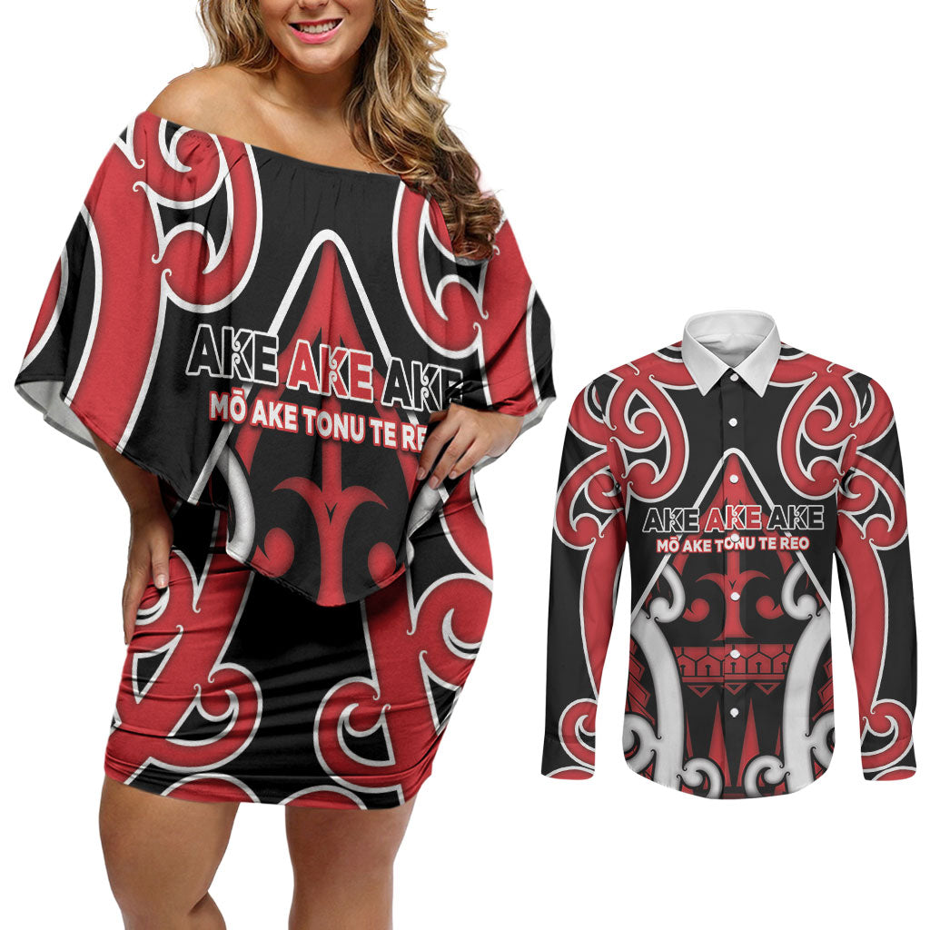 New Zealand Maori Language Week Couples Matching Off Shoulder Short Dress and Long Sleeve Button Shirt Mo Ake Tonu Te Reo