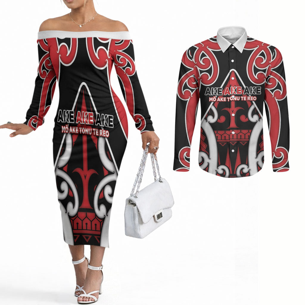 New Zealand Maori Language Week Couples Matching Off The Shoulder Long Sleeve Dress and Long Sleeve Button Shirt Mo Ake Tonu Te Reo