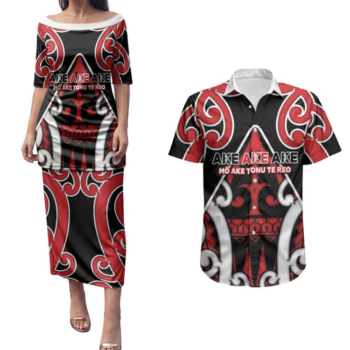 New Zealand Maori Language Week Couples Matching Puletasi and Hawaiian Shirt Mo Ake Tonu Te Reo