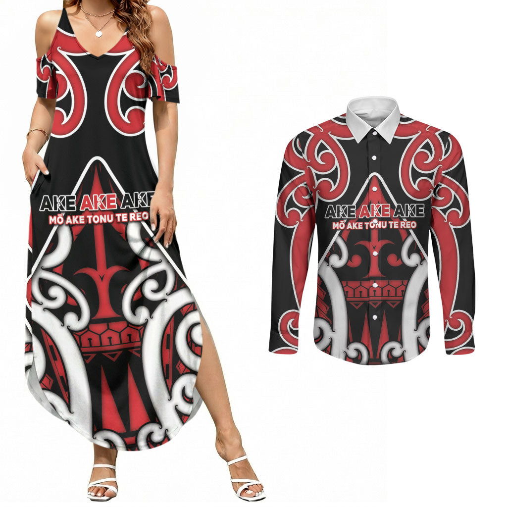 New Zealand Maori Language Week Couples Matching Summer Maxi Dress and Long Sleeve Button Shirt Mo Ake Tonu Te Reo