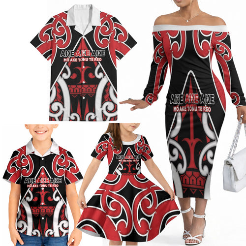 New Zealand Maori Language Week Family Matching Off The Shoulder Long Sleeve Dress and Hawaiian Shirt Mo Ake Tonu Te Reo