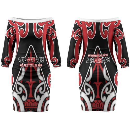 New Zealand Maori Language Week Family Matching Off The Shoulder Long Sleeve Dress and Hawaiian Shirt Mo Ake Tonu Te Reo