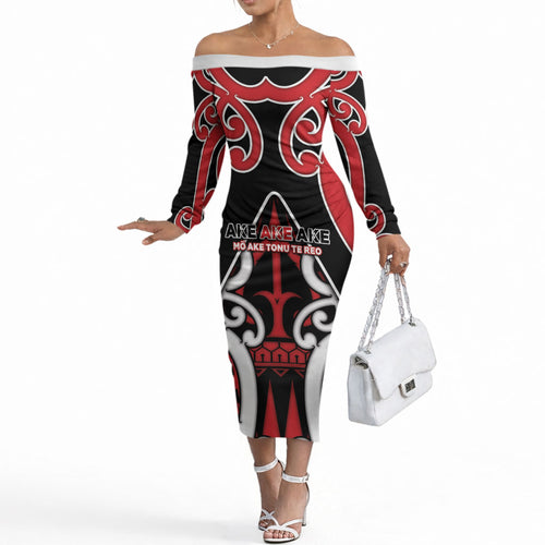 New Zealand Maori Language Week Off The Shoulder Long Sleeve Dress Mo Ake Tonu Te Reo