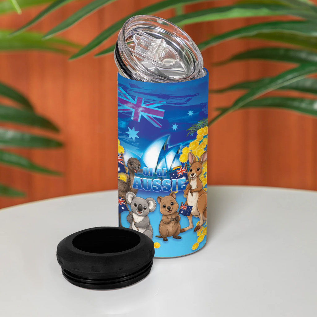 Happy Australia Flag Day 4 in 1 Can Cooler Tumbler Aussie Animals Grunge Style