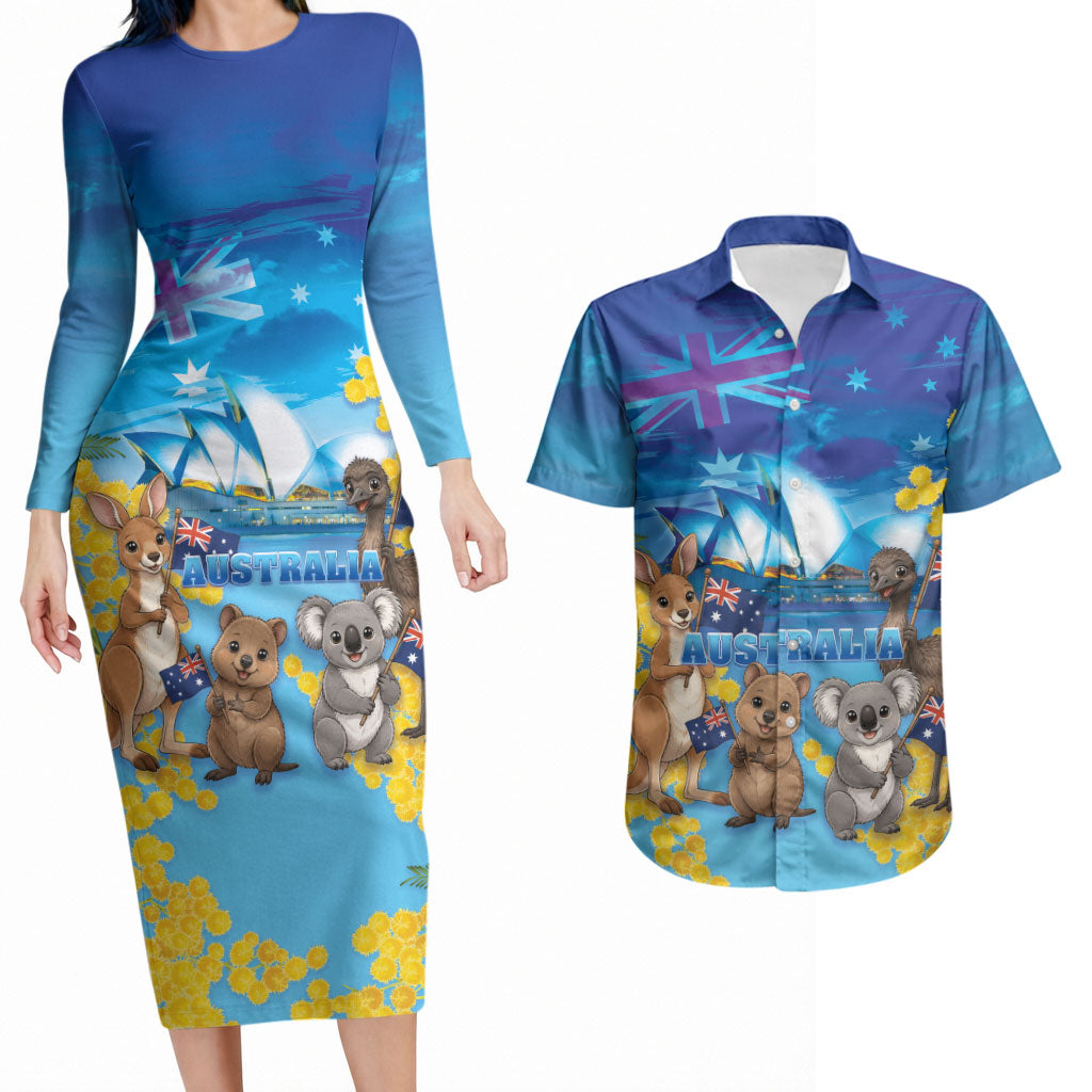 Happy Australia Flag Day Couples Matching Long Sleeve Bodycon Dress and Hawaiian Shirt Aussie Animals Grunge Style
