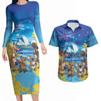 Happy Australia Flag Day Couples Matching Long Sleeve Bodycon Dress and Hawaiian Shirt Aussie Animals Grunge Style