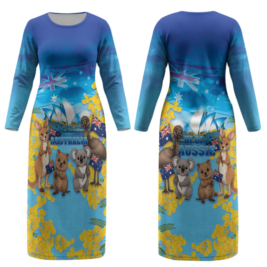 Happy Australia Flag Day Couples Matching Long Sleeve Bodycon Dress and Hawaiian Shirt Aussie Animals Grunge Style
