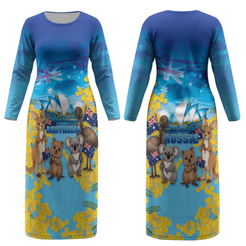 Happy Australia Flag Day Couples Matching Long Sleeve Bodycon Dress and Hawaiian Shirt Aussie Animals Grunge Style