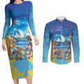 Happy Australia Flag Day Couples Matching Long Sleeve Bodycon Dress and Long Sleeve Button Shirt Aussie Animals Grunge Style