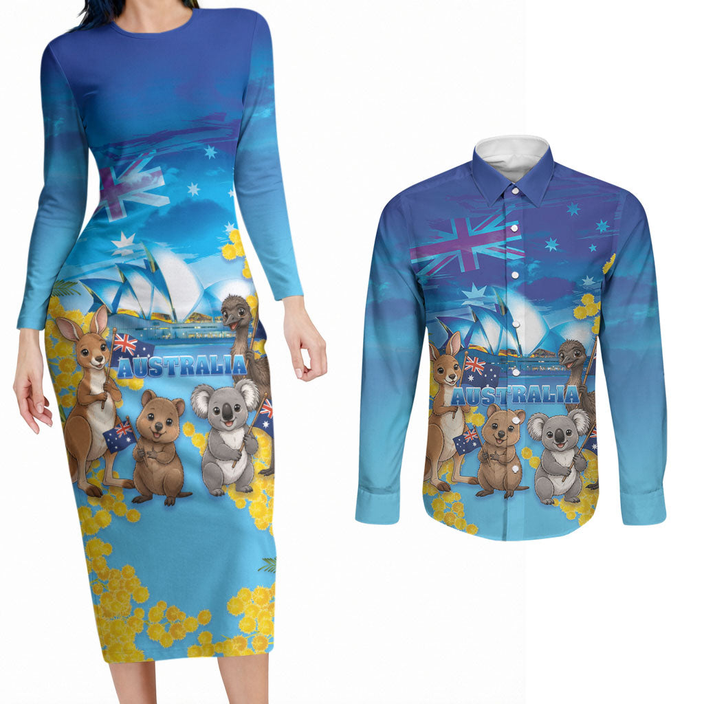 Happy Australia Flag Day Couples Matching Long Sleeve Bodycon Dress and Long Sleeve Button Shirt Aussie Animals Grunge Style