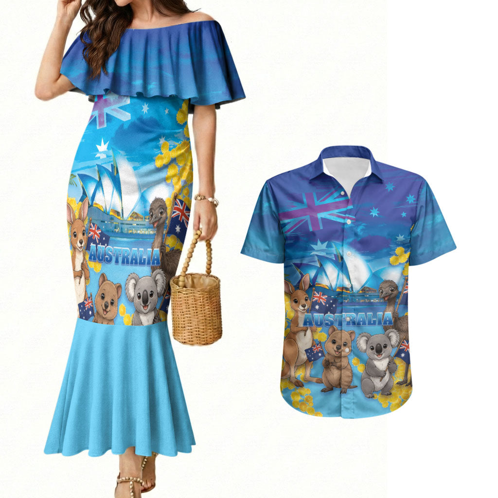 Happy Australia Flag Day Couples Matching Mermaid Dress and Hawaiian Shirt Aussie Animals Grunge Style