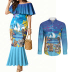 Happy Australia Flag Day Couples Matching Mermaid Dress and Long Sleeve Button Shirt Aussie Animals Grunge Style