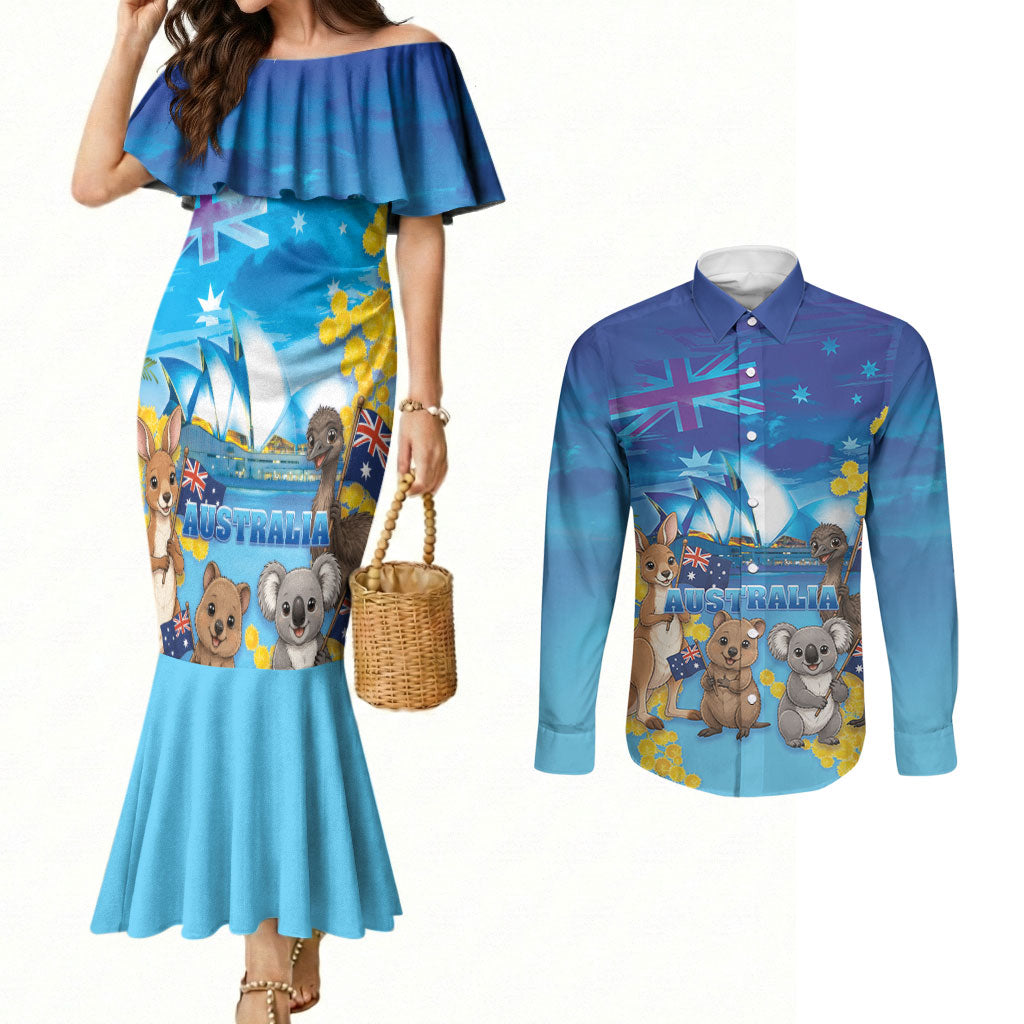 Happy Australia Flag Day Couples Matching Mermaid Dress and Long Sleeve Button Shirt Aussie Animals Grunge Style