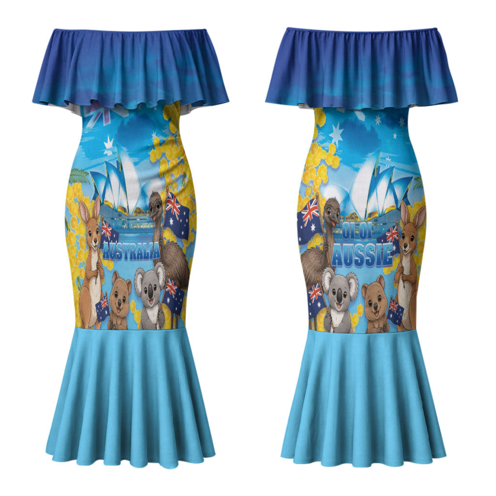 Happy Australia Flag Day Couples Matching Mermaid Dress and Long Sleeve Button Shirt Aussie Animals Grunge Style