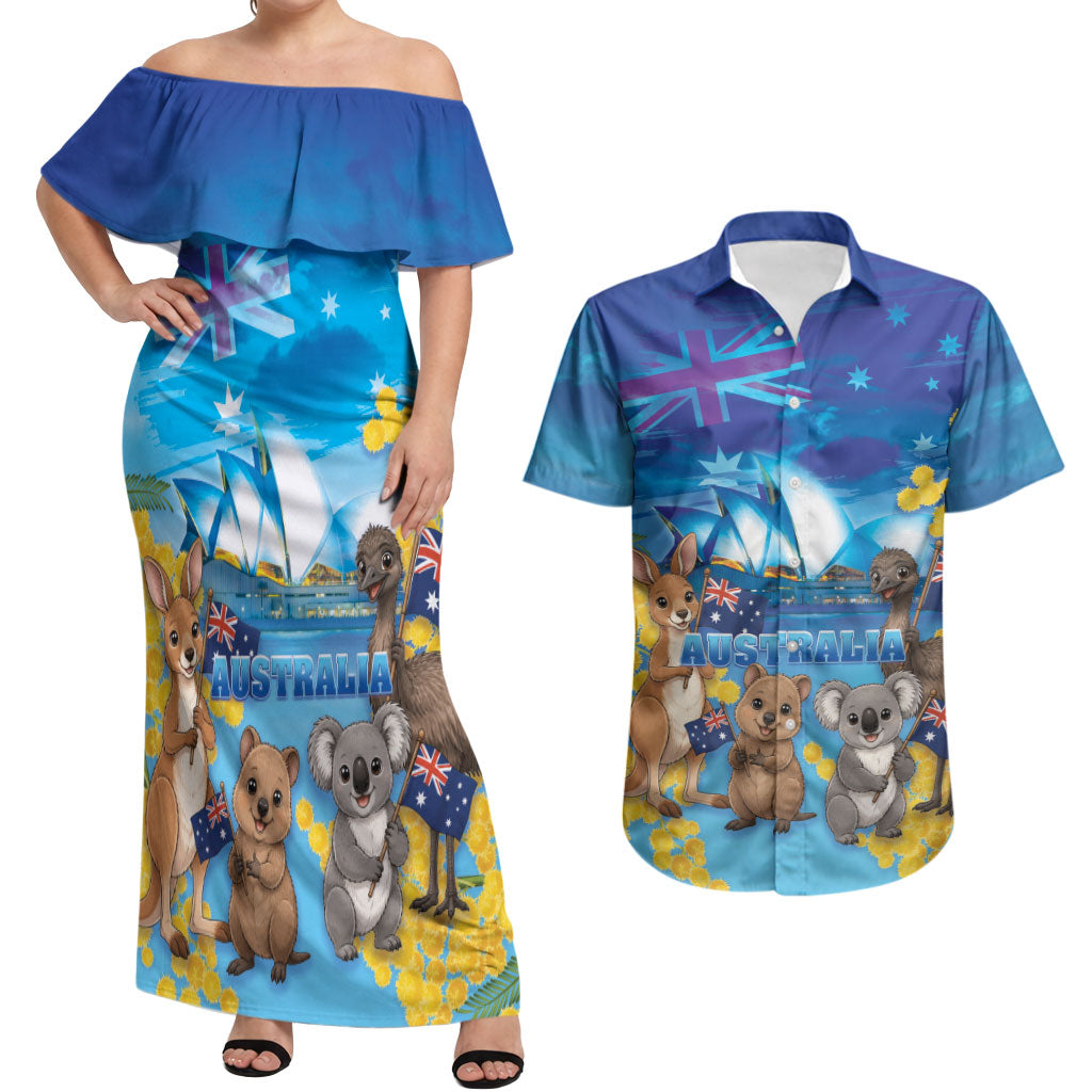 Happy Australia Flag Day Couples Matching Off Shoulder Maxi Dress and Hawaiian Shirt Aussie Animals Grunge Style
