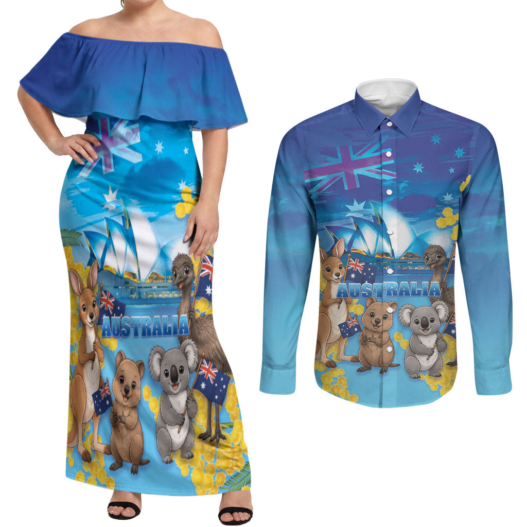 Happy Australia Flag Day Couples Matching Off Shoulder Maxi Dress and Long Sleeve Button Shirt Aussie Animals Grunge Style