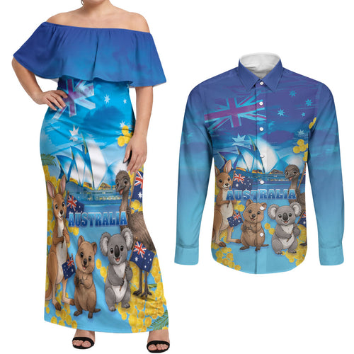Happy Australia Flag Day Couples Matching Off Shoulder Maxi Dress and Long Sleeve Button Shirt Aussie Animals Grunge Style