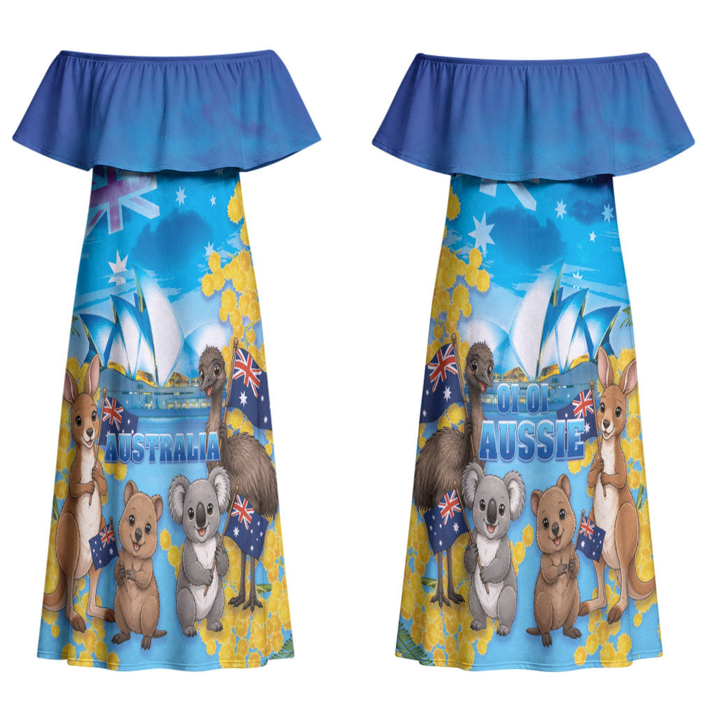 Happy Australia Flag Day Couples Matching Off Shoulder Maxi Dress and Long Sleeve Button Shirt Aussie Animals Grunge Style
