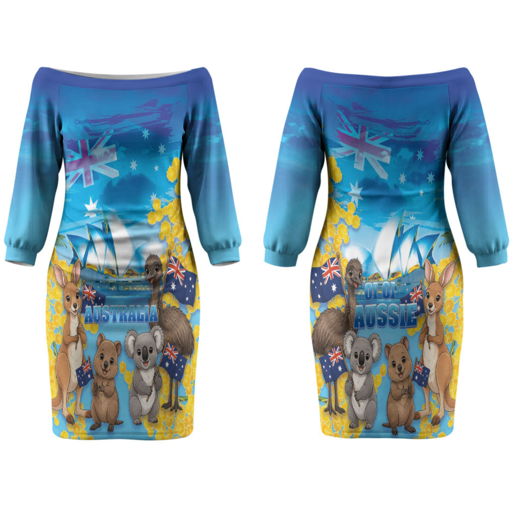 Happy Australia Flag Day Couples Matching Off The Shoulder Long Sleeve Dress and Hawaiian Shirt Aussie Animals Grunge Style