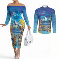 Happy Australia Flag Day Couples Matching Off The Shoulder Long Sleeve Dress and Long Sleeve Button Shirt Aussie Animals Grunge Style