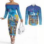 Happy Australia Flag Day Couples Matching Off The Shoulder Long Sleeve Dress and Long Sleeve Button Shirt Aussie Animals Grunge Style