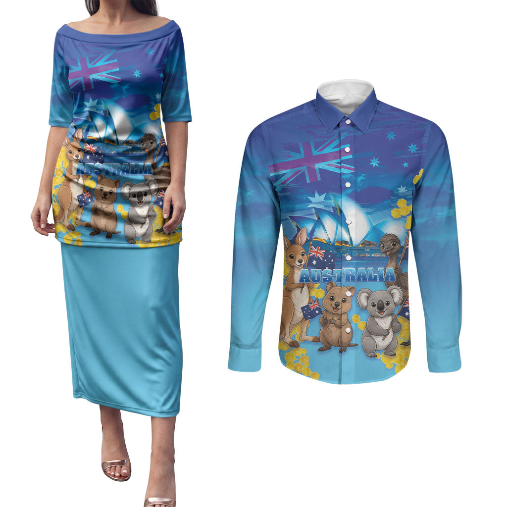 Happy Australia Flag Day Couples Matching Puletasi and Long Sleeve Button Shirt Aussie Animals Grunge Style