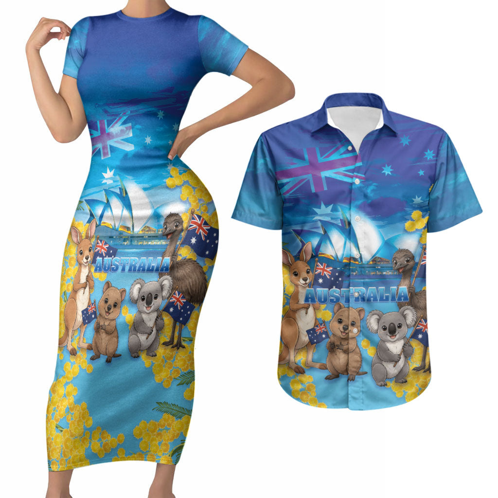 Happy Australia Flag Day Couples Matching Short Sleeve Bodycon Dress and Hawaiian Shirt Aussie Animals Grunge Style