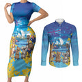 Happy Australia Flag Day Couples Matching Short Sleeve Bodycon Dress and Long Sleeve Button Shirt Aussie Animals Grunge Style