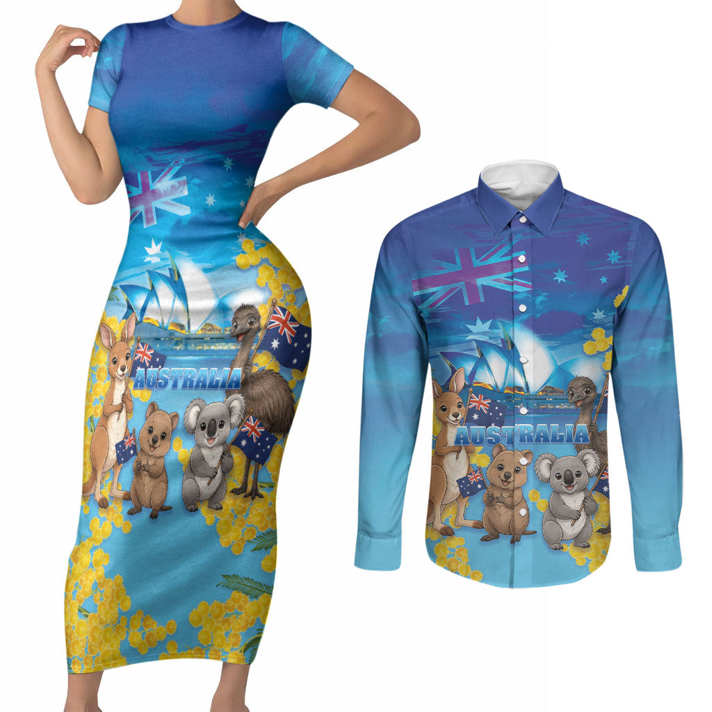 Happy Australia Flag Day Couples Matching Short Sleeve Bodycon Dress and Long Sleeve Button Shirt Aussie Animals Grunge Style