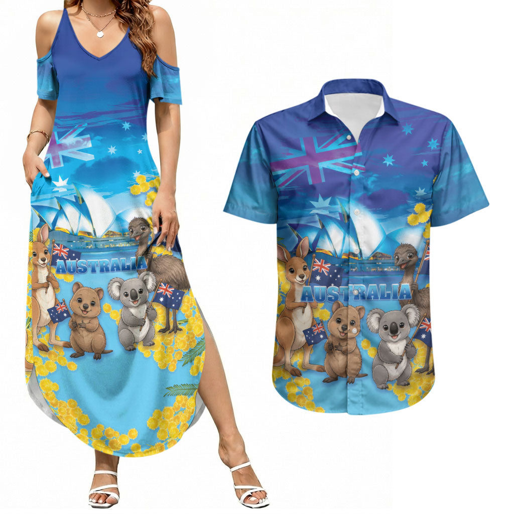 Happy Australia Flag Day Couples Matching Summer Maxi Dress and Hawaiian Shirt Aussie Animals Grunge Style