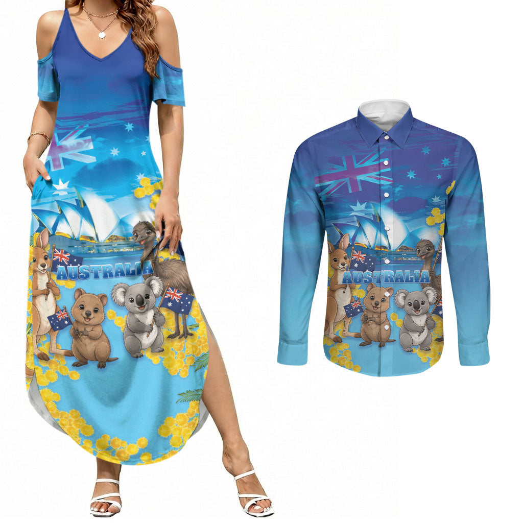 Happy Australia Flag Day Couples Matching Summer Maxi Dress and Long Sleeve Button Shirt Aussie Animals Grunge Style