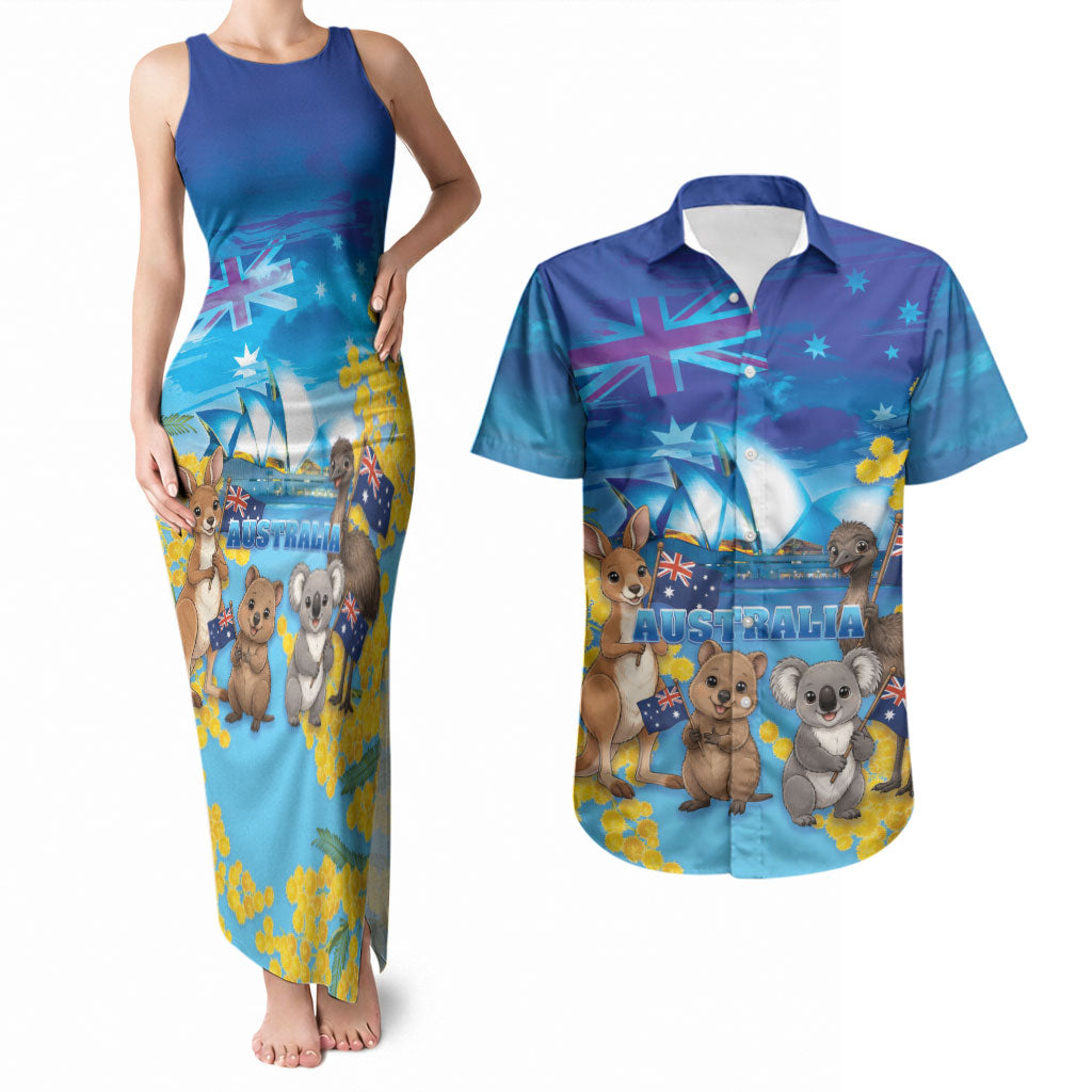 Happy Australia Flag Day Couples Matching Tank Maxi Dress and Hawaiian Shirt Aussie Animals Grunge Style
