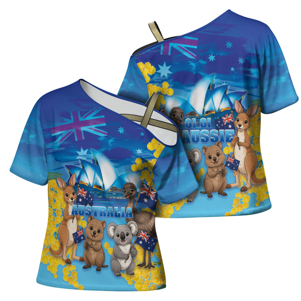 Happy Australia Flag Day Cross Shoulder Shirt Aussie Animals Grunge Style