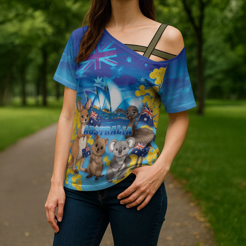Happy Australia Flag Day Cross Shoulder Shirt Aussie Animals Grunge Style