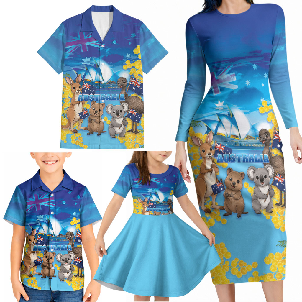 Happy Australia Flag Day Family Matching Long Sleeve Bodycon Dress and Hawaiian Shirt Aussie Animals Grunge Style
