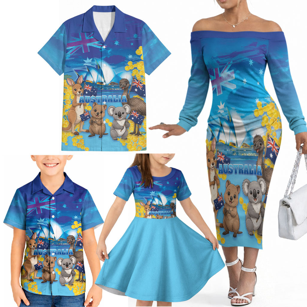 Happy Australia Flag Day Family Matching Off The Shoulder Long Sleeve Dress and Hawaiian Shirt Aussie Animals Grunge Style