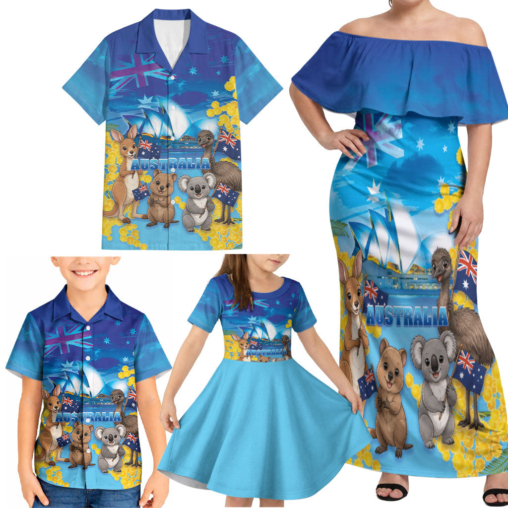Happy Australia Flag Day Family Matching Off Shoulder Maxi Dress and Hawaiian Shirt Aussie Animals Grunge Style