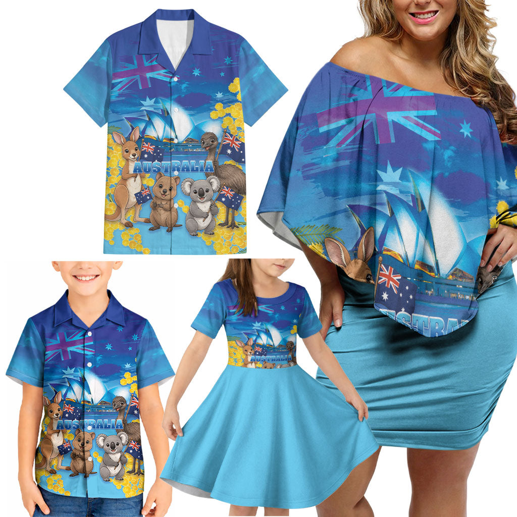 Happy Australia Flag Day Family Matching Off Shoulder Short Dress and Hawaiian Shirt Aussie Animals Grunge Style