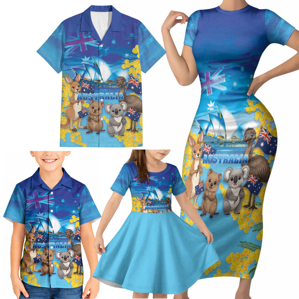 Happy Australia Flag Day Family Matching Short Sleeve Bodycon Dress and Hawaiian Shirt Aussie Animals Grunge Style