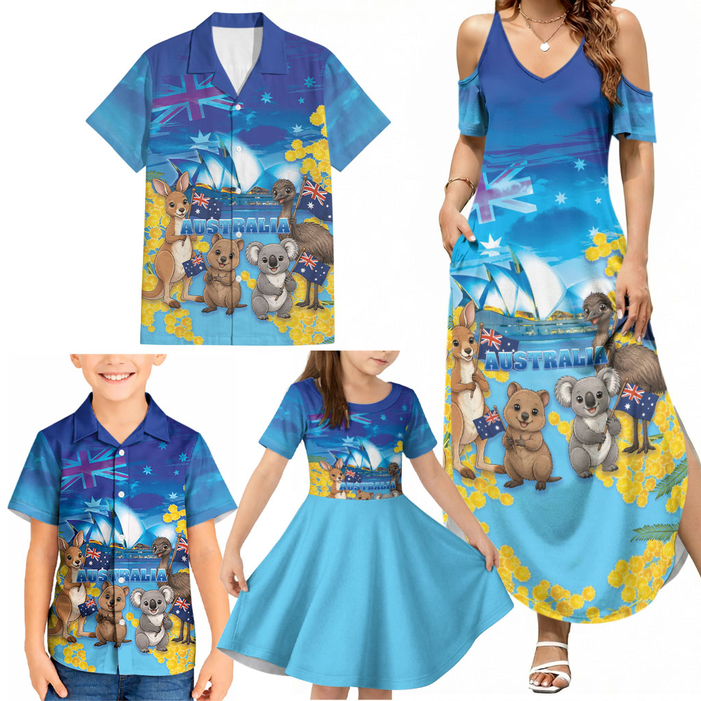 Happy Australia Flag Day Family Matching Summer Maxi Dress and Hawaiian Shirt Aussie Animals Grunge Style