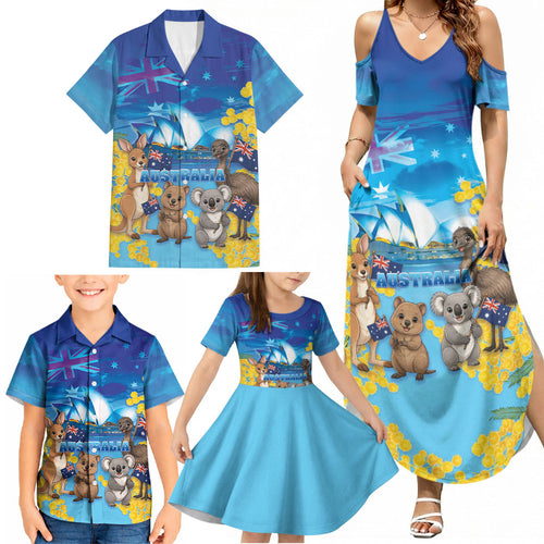 Happy Australia Flag Day Family Matching Summer Maxi Dress and Hawaiian Shirt Aussie Animals Grunge Style