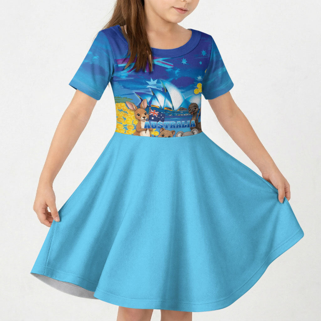 Happy Australia Flag Day Kid Short Sleeve Dress Aussie Animals Grunge Style